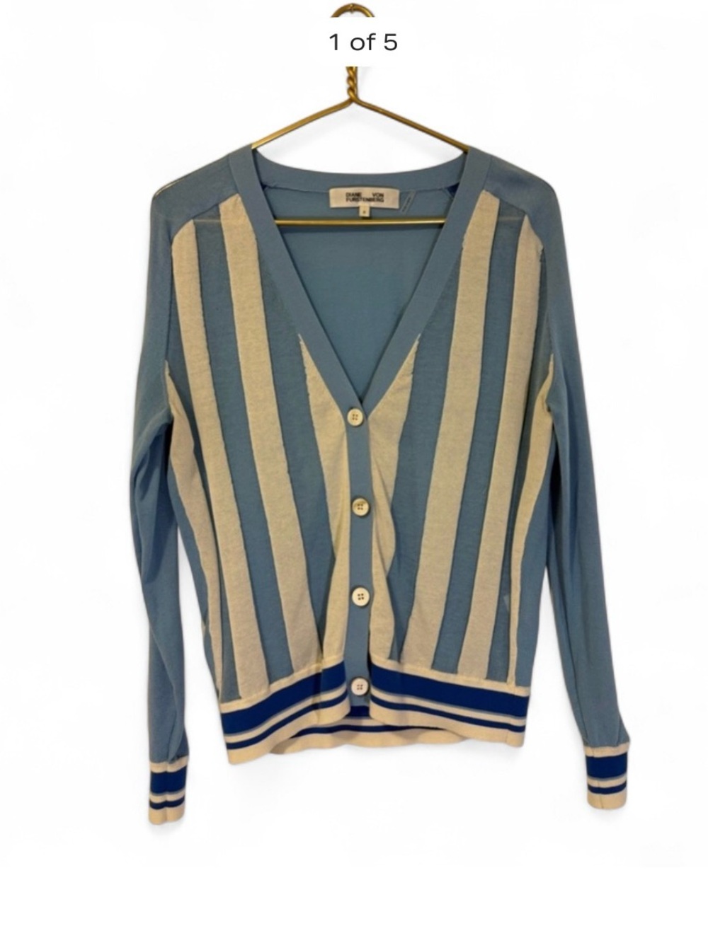 Diane Von Furstenberg Blue and Cream Striped V-Neck Cardigan